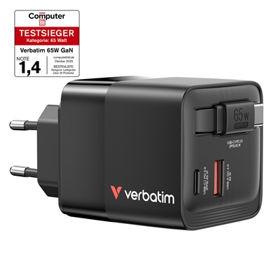 Verbatim (32217) GaN Wall Charger 65W 2 Port with Retractable Cable