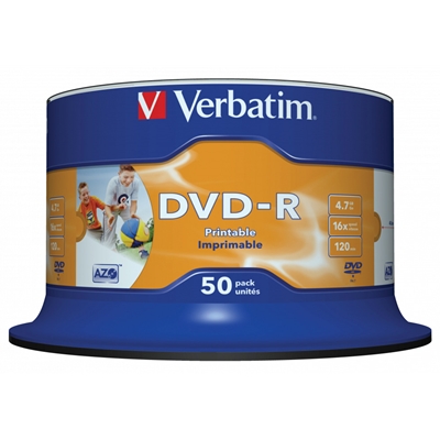 Verbatim (43533)DVD-R 16X 4.7GB 50 Pack Spindle Wide Inkjet Printable NoID